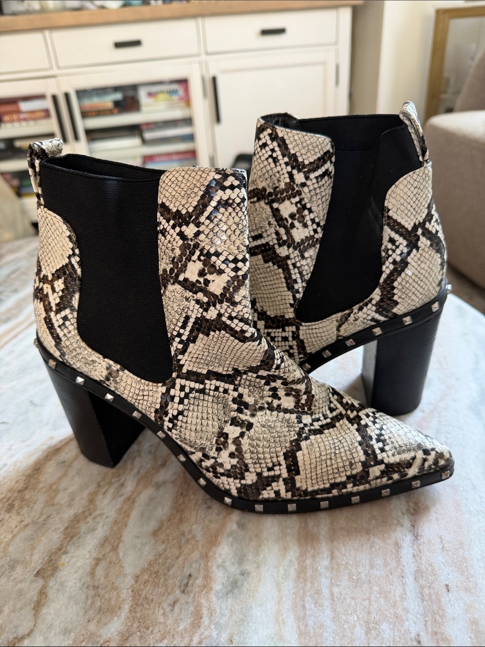 Charles David Snake-Print Chelsea Booties in Black & Cream
